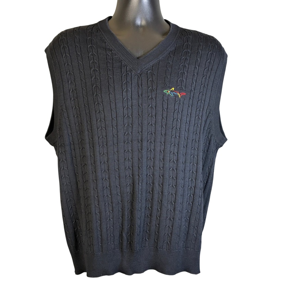 Greg Norman Mens Black 100% Silk Cable Knit V-Neck Shark Logo Sweater Vest Large